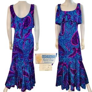 SOLD Exotic Rare Andrade Ruffle Balcony Bodice psychedelic Blue Barkcloth maxi